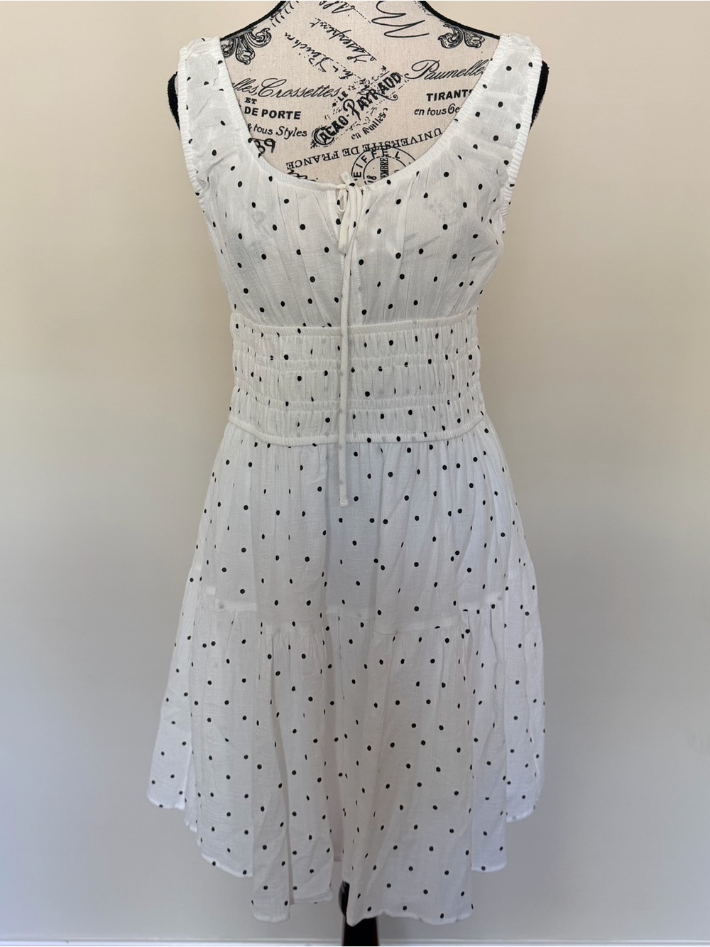 Tiered White Polka Dot Mini Dress with Smocked Waist